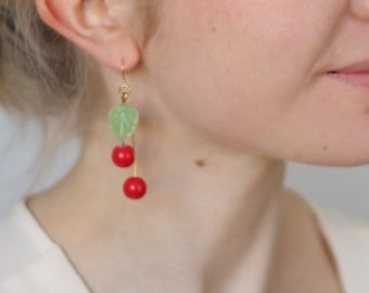 Cherry Earrings, Cherry Jewelry, Fruit Earrings, Kitsch Earrings, Gift for Women, Tree Earrings, Leaf Earrings CHERRY EARRINGS