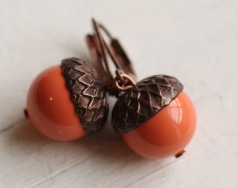 Acorn Earrings ...  Coral Tangerine Orange Swarovski Pearls Copper Oak, ORANGE ACORN EARRINGS