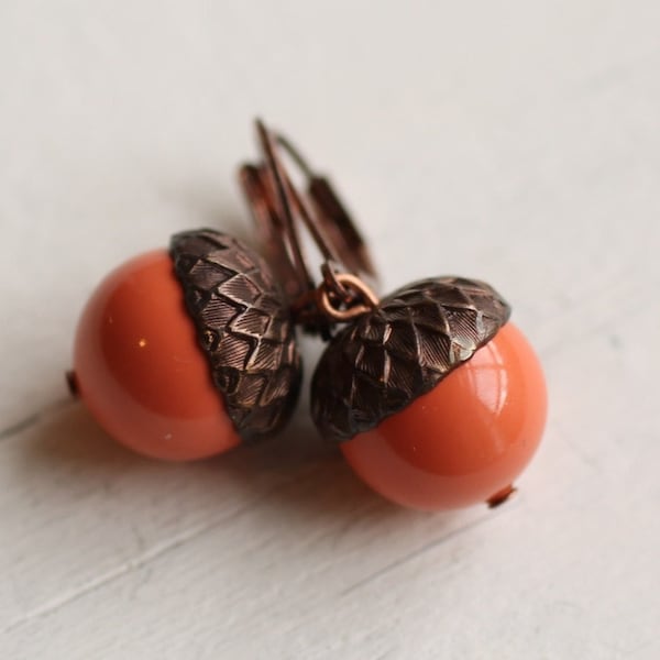 Acorn Earrings ...  Coral Tangerine Orange Swarovski Pearls Copper Oak, ORANGE ACORN EARRINGS