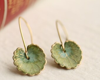 Green Leaf Earrings ...Art Nouveau Earrings, Lily Pad Monet,  Boho Turquoise Lily Pad Long Earrings, WILLOW LEAF EARRINGS