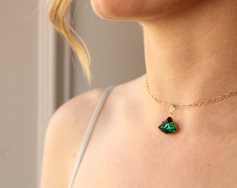 Emerald Green Art Deco Pendant, Jewel Fan Necklace, Matching Earrings May Birthstone, Emerald Gift, May Birthday, EMERALD DECO NECKLACE