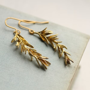 Rosemary Leaf Earrings, Gold Leaf Earrings, Twig Branch Earrings, Nature Plant Leaf Eearrings, Meadow Wildflower Earrings, ROSEMARY EARRINGS image 3