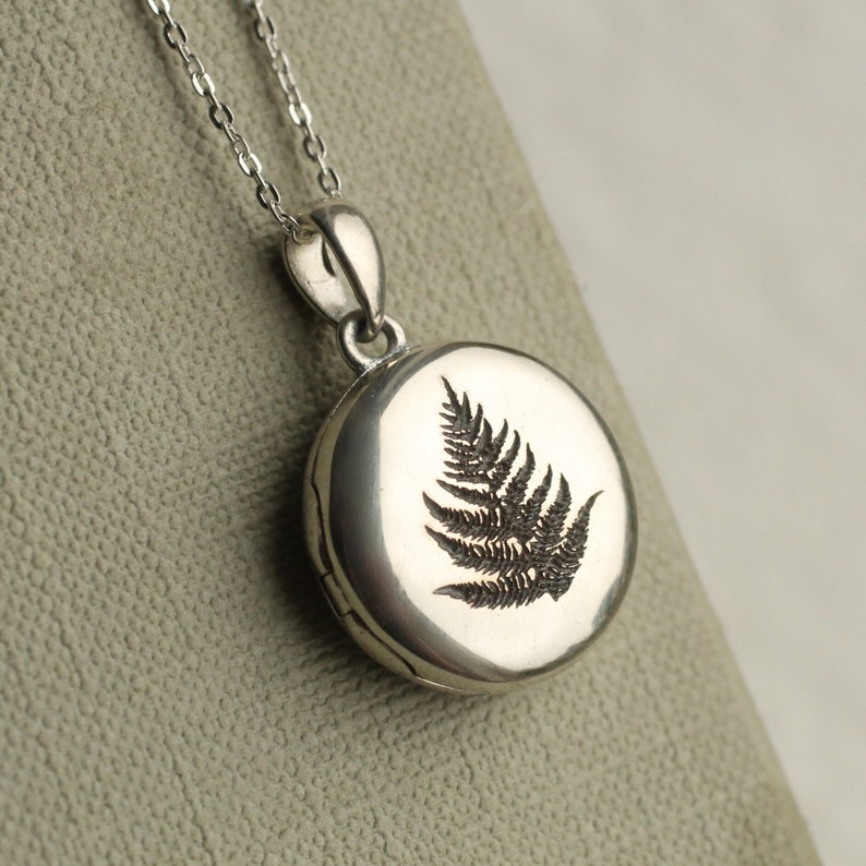 925 Sterling Silver Locket Necklace with Photos, Genuine Silver Locket, Personalised Photo Necklace, 925 Sterling Round, FERN LEAF LOCKET image 2