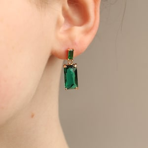Baguette Emerald Green Drop Earrings: 1920s Art Deco Style Party Jewelry image 4