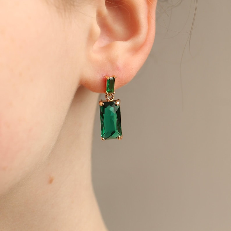 Baguette Emerald Green Drop Earrings: 1920s Art Deco Style Party Jewelry image 4