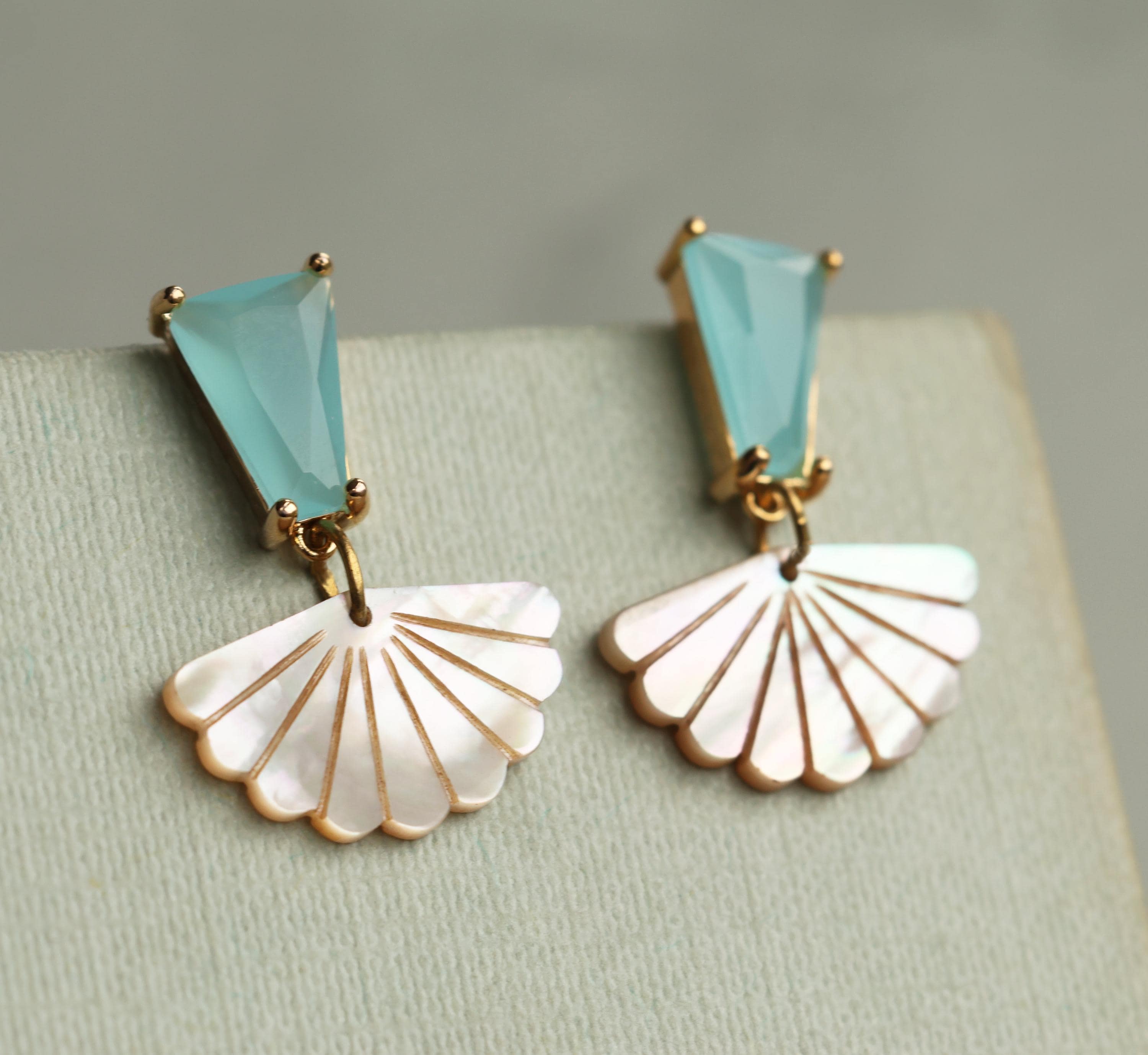 Turquoise Pearl Earrings: Pop Art Deco Mother of Pearl Bright Jewelry
