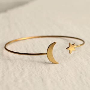Bracelet jonc lune et étoile en laiton : bijoux en or céleste ajustables
