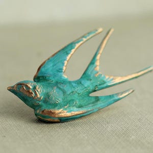 Verdigris Swallow Bird Brooch: Green Turquoise Patina, Handmade Jewelry