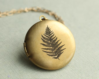 Fern Leaf Locket Necklace, Gold Engraved Personalised Locket with Photos, Picture Locket, Botanical Custom Engraving, FERN LOCKET