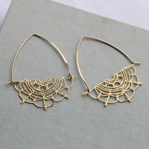 Gold Flower Hoop Earrings, Art Nouveau Bohemian Gold Chandeliers, Statement Gold Earrings, Medium Mid Size Hoop Earrings, GOLD LACE HOOPS image 4