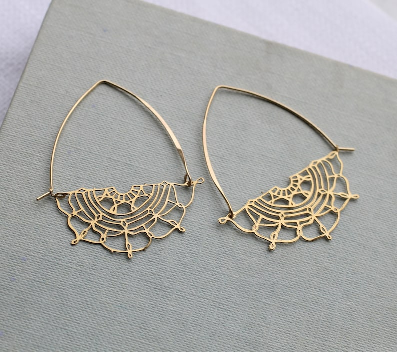 Gold Flower Hoop Earrings, Art Nouveau Bohemian Gold Chandeliers, Statement Gold Earrings, Medium Mid Size Hoop Earrings, GOLD LACE HOOPS image 4