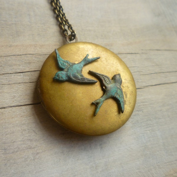 Vintage Swallow Bird Locket ... Turquoise Birds on Antique Gold Brass Pendant