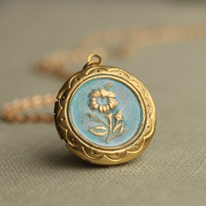 Sunflower Locket Necklace, Flower Locket, Wildflower Botanical Necklace, Personalised Photo Jewelry for Girls, BLUE SUNFLOWER LOCKET