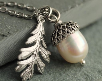 Freshwater Pearl Acorn Necklace: Sterling Silver Autumnal Jewelry for Fall