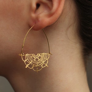 Gold Flower Hoop Earrings, Art Nouveau Bohemian Gold Chandeliers, Statement Gold Earrings, Medium Mid Size Hoop Earrings, GOLD LACE HOOPS image 2