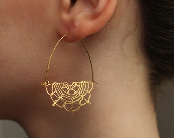 Gold Flower Hoop Earrings, Art Nouveau Bohemian Gold Chandeliers, Statement Gold Earrings, Medium Mid Size Hoop Earrings, GOLD LACE HOOPS