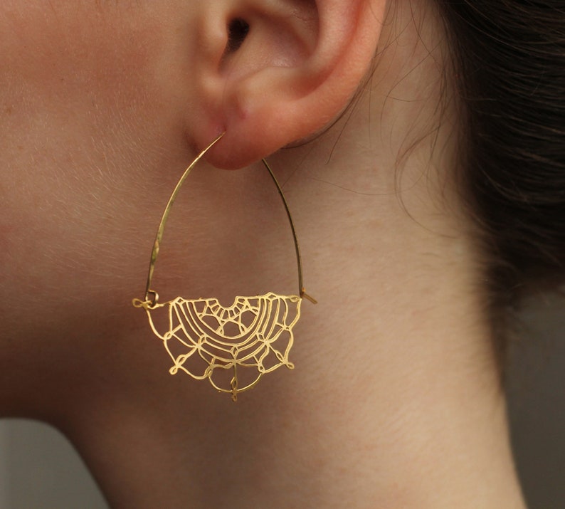 Gold Flower Hoop Earrings, Art Nouveau Bohemian Gold Chandeliers, Statement Gold Earrings, Medium Mid Size Hoop Earrings, GOLD LACE HOOPS image 2