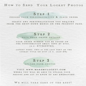 The image is a product page for a service that allows users to send their locket photos. The page provides step-by-step instructions on how to send photos, including choosing a personalisation, placing an order, and sending the order details. It also provides a link to the confirmation email sent by Etsy for the order number. The page emphasizes the importance of taking care of the rest and encourages users to visit the website for further information.