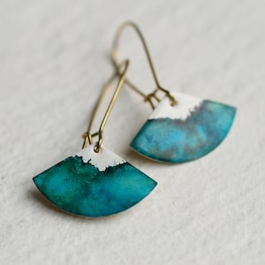 Teal Enamel Earrings: Turquoise Fan Watercolor Art Jewelry