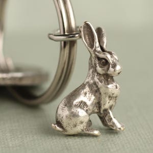 May include: A small, detailed silver-colored rabbit charm. The rabbit is in a seated position with its ears perked up. The charm is attached to a silver ring, suggesting it could be a keychain or pendant.