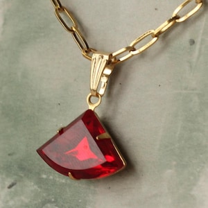 Ruby Red Jewel Necklace: Art Deco Fan Pendant