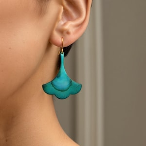 Turquoise Blue Green Enamel Earrings, Bright Statement Earrings for Summer, Hand painted Fan Chandelier Earrings, Gift for Mom, Best Friend