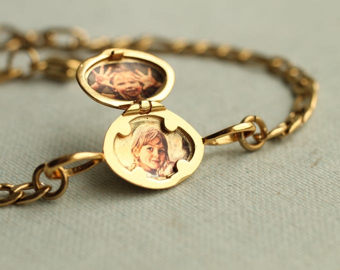 Personalized Locket Bracelet: Engraved Photo Keepsake Bangle, Gold Vermeil LKVM-307