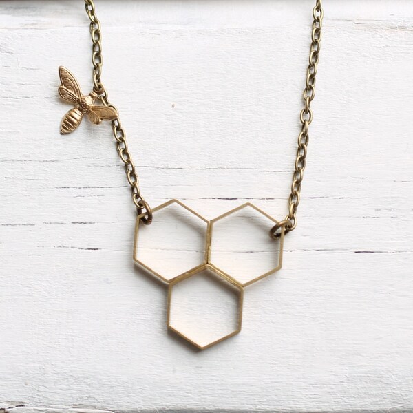 Bee Hive Necklace ... Honey Bee Honeycomb Hexagon Geometric Brass