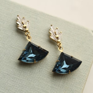 Art Deco Navy Fan Earrings: Sapphire Jewel Earrings, Vintage Glass