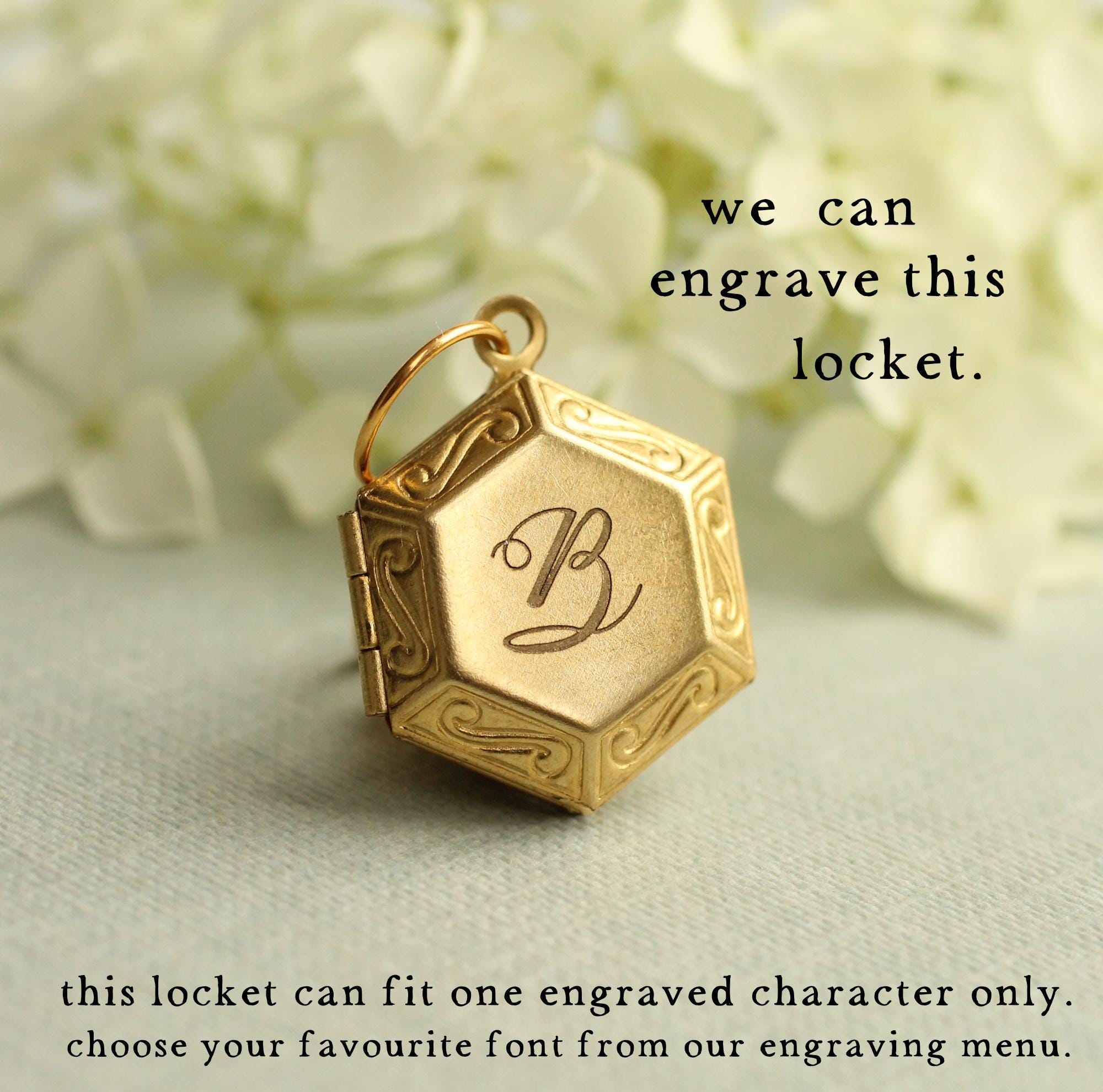 Custom Hexagon Locket Necklace with Photo & Initial, Art Nouveau, Art Deco Necklace, Personalized Engraved Photo Necklace, Gift for Her