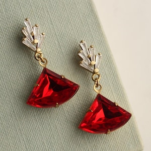 Art Deco Ruby Earrings, Red Jewel Earrings, Festive Christmas Holiday Jewelry, Art Deco Statement Earrings, Christmas Party Jewelry