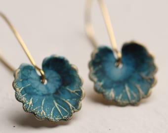 Blue Leaf Earrings, Art Nouveau Earrings, Navy Blue, Monet Watercolour, Boho Lily Pad Long Earrings, NAVY LEAF Earrings