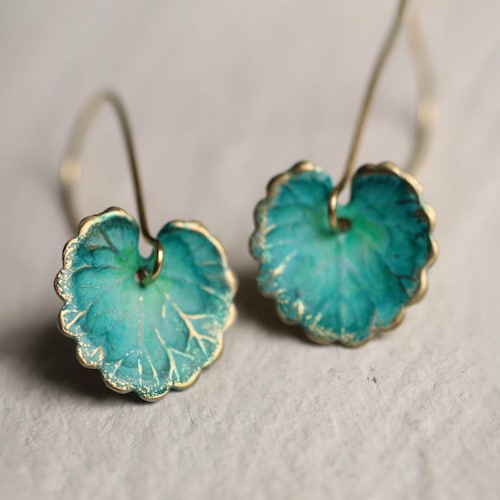 Turquoise Leaf Earrings: Jade Green Teal Jewelry,  Art Nouveau Lily Pad