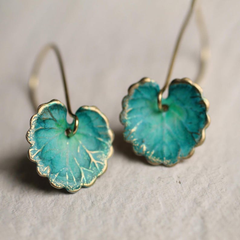 Turquoise Leaf Earrings: Jade Green Teal Jewelry, Art Nouveau Lily Pad image 1