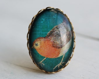 Robin Brooch ...  Vintage Christmas Illustration Pin Badge, DR