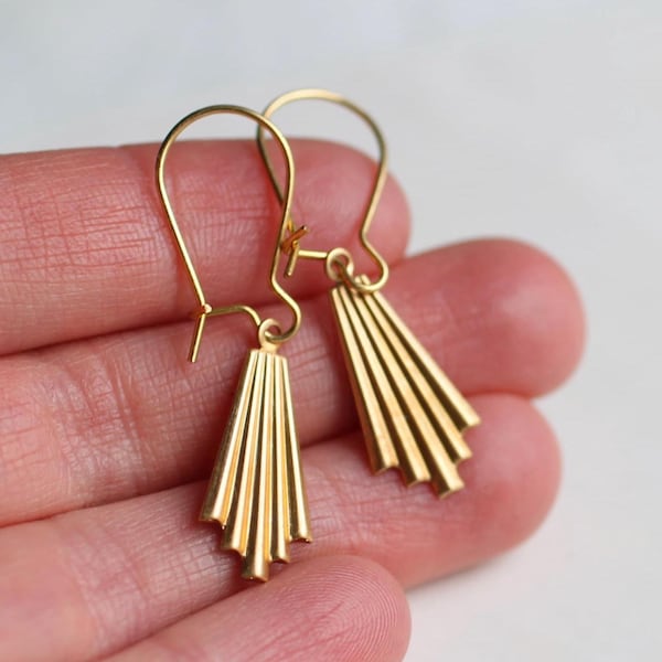 Gold Art Deco Earrings: Dainty Brass Fan Earrings