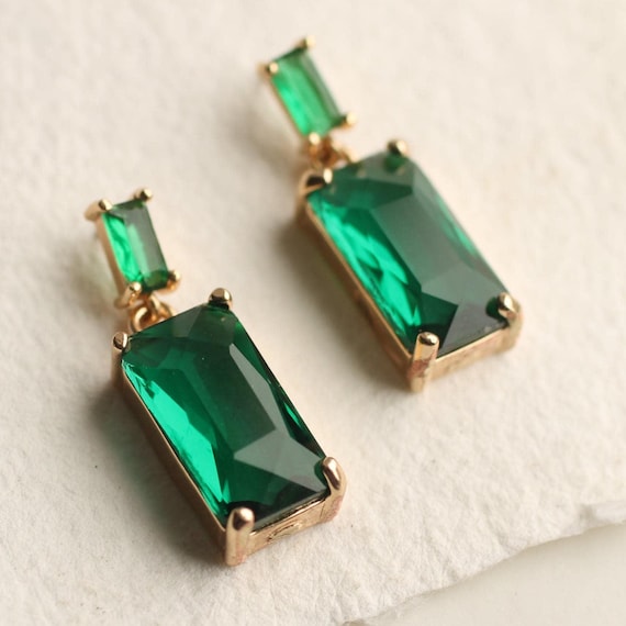 Baguette Emerald Green Drop Earrings: 1920s Art Deco Style Party Jewelry