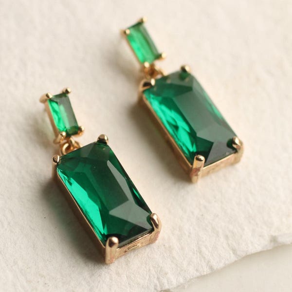 Pendientes colgantes baguette verde esmeralda: joyería de fiesta estilo art déco de los años 20.