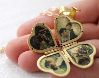Personalized Four-Photo Locket Necklace: Folding Heart Locket, Gold Brass, LKGP-3