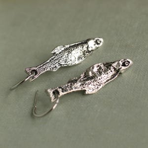 Silver Sardine Hoop Earrings: Realistic Fish Charm, Novelty Jewelry