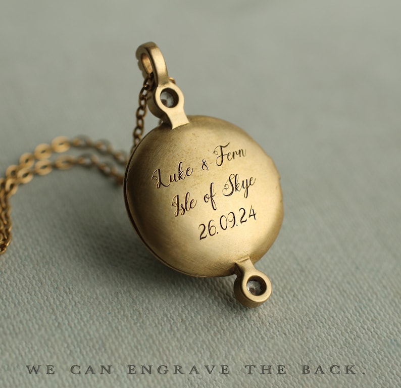 Personalized Antique Sapphire Locket Necklace: Engraved Vintage Brass Locket With Photos, LKGP-125 image 4