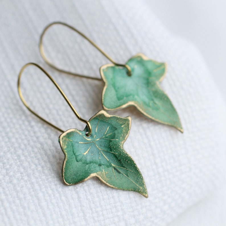 Green Leaf Earrings, Green Ivy Leaf Earrings, Nouveau Boho Earrings, Autumn Long Earrings, LOTR, Spring Green, CLOVER GREEN lVY New image 2