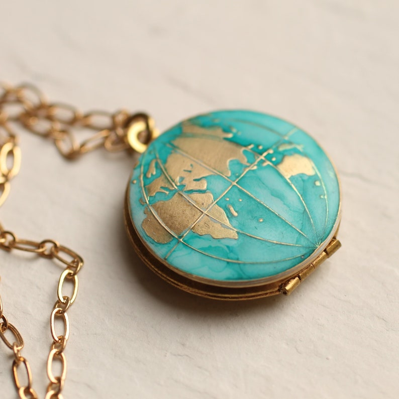 Map Necklace Locket, Personalised Globe Necklace, Planet Earth, Personalized Necklace, Turquoise Locket, Travel Gift, NEW MAP EAST image 1