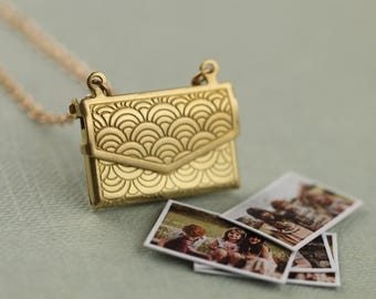 Gold Envelope Locket with Photos, Personalized Brass Necklace, LKGP-25