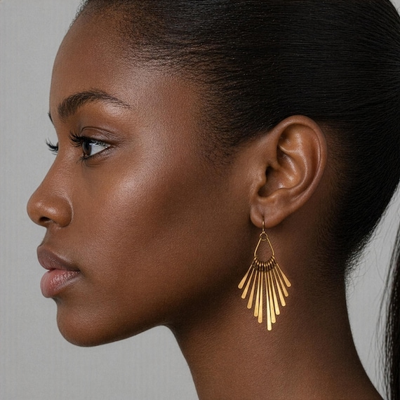 Gold Fringe Earrings: Statement Chandelier Brass Earrings for Party, Art Deco Jewelry