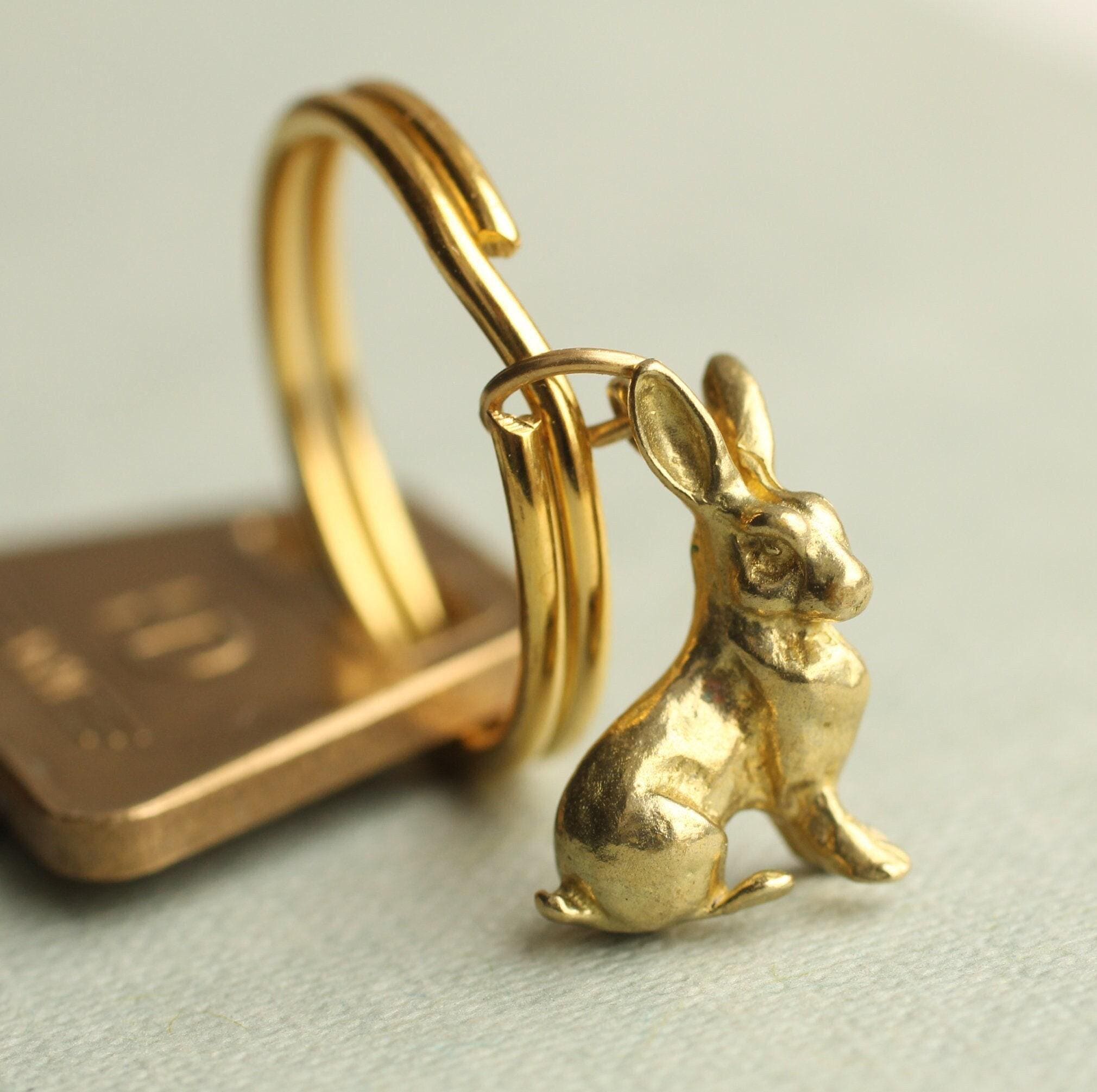 Tiny Brass Rabbit Keychain: Miniature Hare Keyring, Good Luck