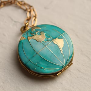 World Map Locket Necklace: Personalised Travel Locket with Turquoise Enamel LKGP-35