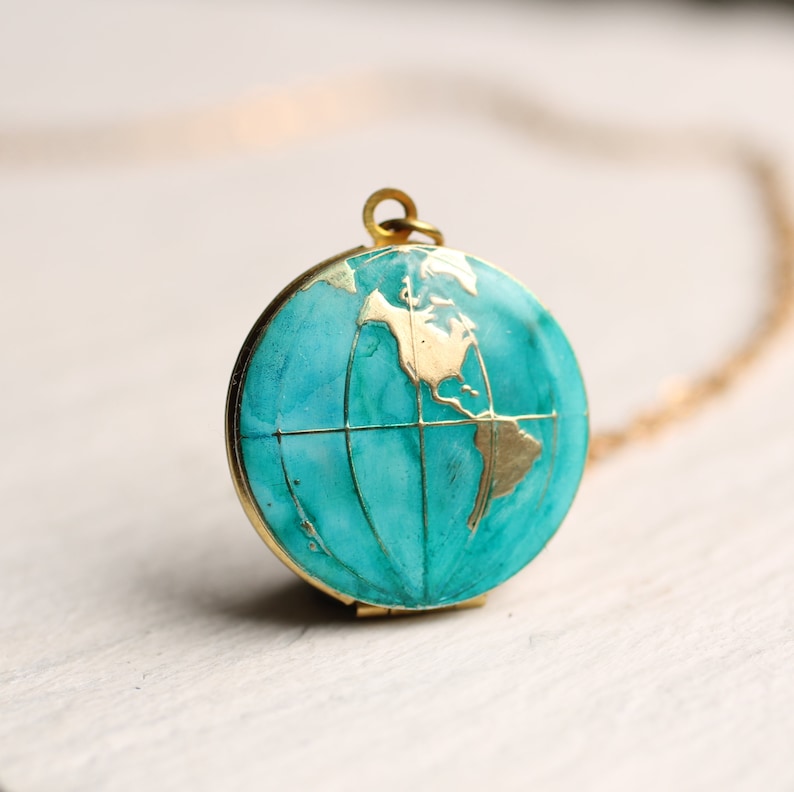 Map Locket Necklace, Personalised Globe Necklace, Planet Earth, Personalized Necklace, Turquoise Locket, Travel Gift, NEW MAP WEST image 8