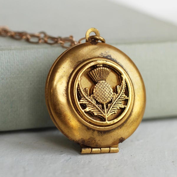 Gold Distle Medaillon mit Fotos, personalisierte schottische Halskette mit Gravur, LKGP-26