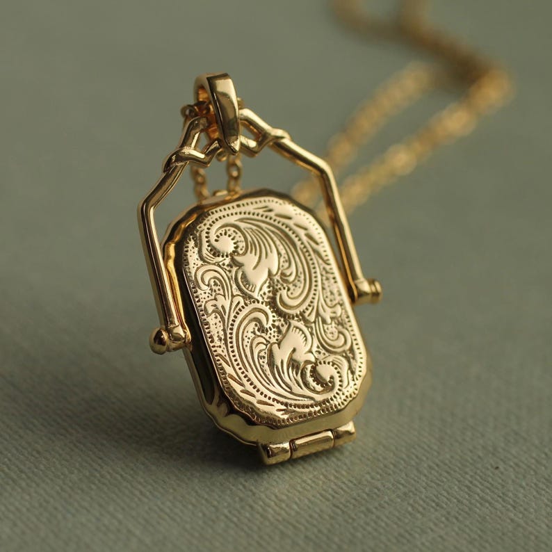 Gold Antique Locket Necklace with Photos, Victorian Locket, Edwardian Rectangle Medallion, Personalized In Memoriam Bereavement Gift